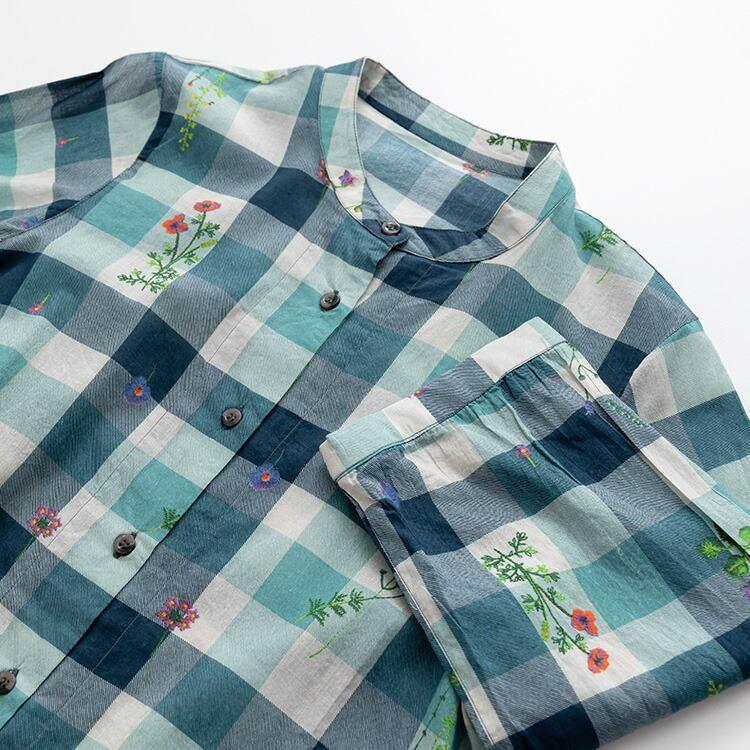 【送料無料】 綿100％チェック×刺繍柄プリントブラウス 洗える 七分袖 レディース トップス ブラウス 植物 チェック 柄 ナチュラル 軽量 大人0488 |  | 04