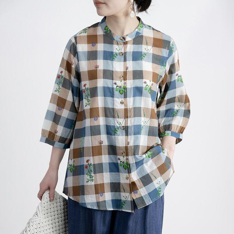 【送料無料】 綿100％チェック×刺繍柄プリントブラウス 洗える 七分袖 レディース トップス ブラウス 植物 チェック 柄 ナチュラル 軽量 大人0488 |  | 06