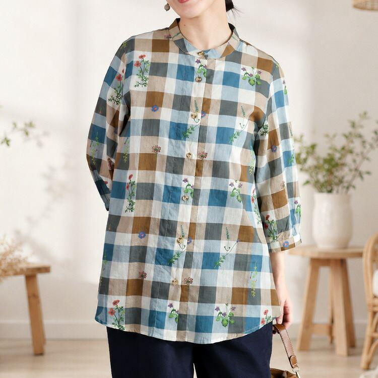 【送料無料】チェック柄と刺繍ブラウス 3色 M L 綿100% 洗える 七分袖 レディース トップス ブラウス スタンドカラー 植物 ガーデン チェック 格子柄 夏 |  | 09