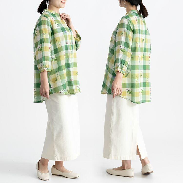 【送料無料】 綿100％チェック×刺繍柄プリントブラウス 洗える 七分袖 レディース トップス ブラウス 植物 チェック 柄 ナチュラル 軽量 大人0488 |  | 09