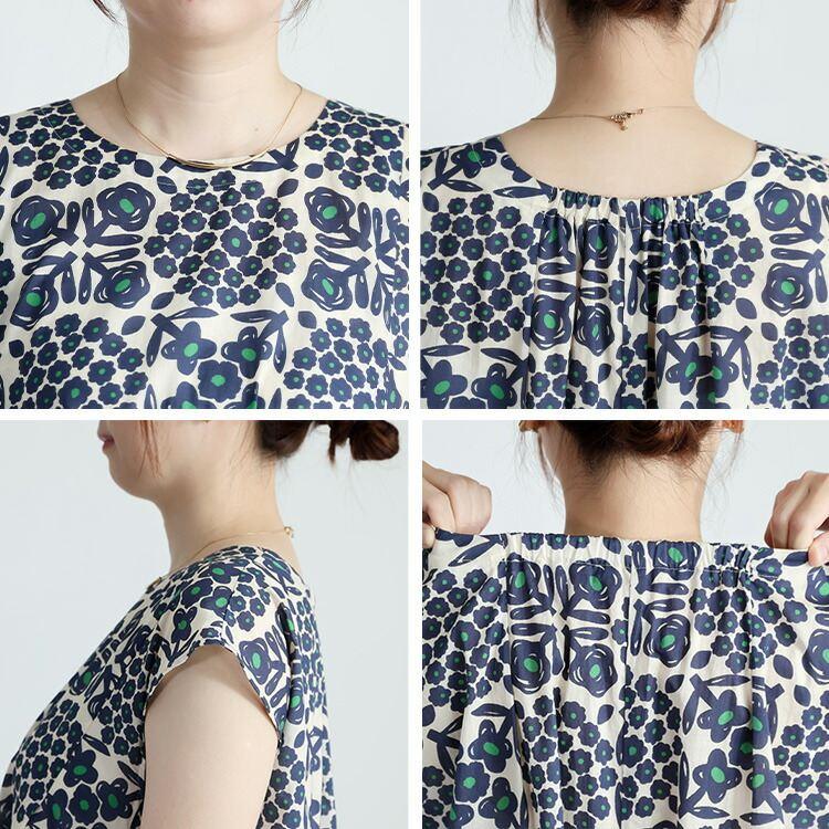 【送料無料/再入荷】 花柄ワンピース 3色 M L 洗える 半袖 綿100% レディース ワンピース トップス フレンチスリーブ 体型カバー Aライン 花柄 大人 夏 |  | 15