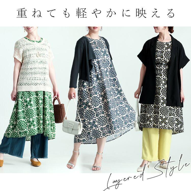 【送料無料/再入荷】 花柄ワンピース 3色 M L 洗える 半袖 綿100% レディース ワンピース トップス フレンチスリーブ 体型カバー Aライン 花柄 大人 夏 |  | 07