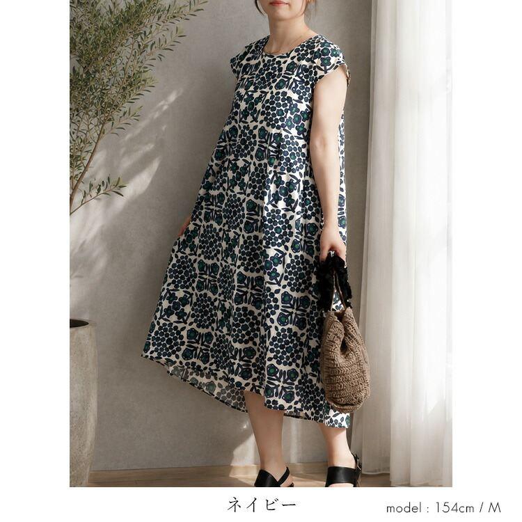 【送料無料/再入荷】 花柄ワンピース 3色 M L 洗える 半袖 綿100% レディース ワンピース トップス フレンチスリーブ 体型カバー Aライン 花柄 大人 夏 |  | 11