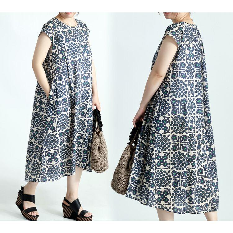 【送料無料/再入荷】 花柄ワンピース 3色 M L 洗える 半袖 綿100% レディース ワンピース トップス フレンチスリーブ 体型カバー Aライン 花柄 大人 夏 |  | 12