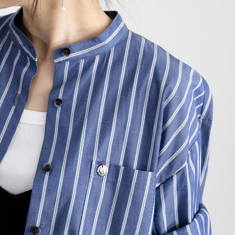 【送料無料】 綿100％ストライプブラウス 洗える 長袖 綿100％ レディース トップス ブラウス チュニック 大人 コットン 体型カバー 春夏秋 6720 |  | 03