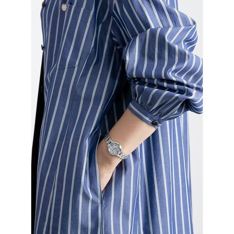 【送料無料】 綿100％ストライプブラウス 洗える 長袖 綿100％ レディース トップス ブラウス チュニック 大人 コットン 体型カバー 春夏秋 6720 |  | 05