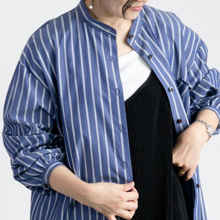 【送料無料】 綿100％ストライプブラウス 洗える 長袖 綿100％ レディース トップス ブラウス チュニック 大人 コットン 体型カバー 春夏秋 6720 |  | 09