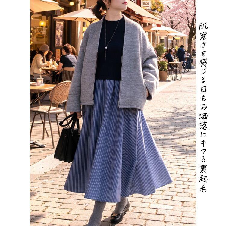 【送料無料/再入荷】 ボンディングジャケット 3色 M L 長袖 レディース アウター ジャケット ブルゾン 裏起毛 配色 ノーカラー Vネック ビックスリーブ 春秋冬 |  | 12