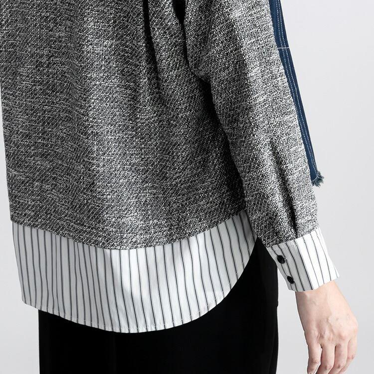 【送料無料】 異素材MIXデニムジャケット 2色 M L 洗える 長袖 レディース アウター ジャケット 異素材 デニムジャケット ツイード スタンドカラー |  | 10