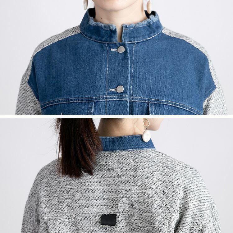 【送料無料】 異素材MIXデニムジャケット 2色 M L 洗える 長袖 レディース アウター ジャケット 異素材 デニムジャケット ツイード スタンドカラー |  | 11