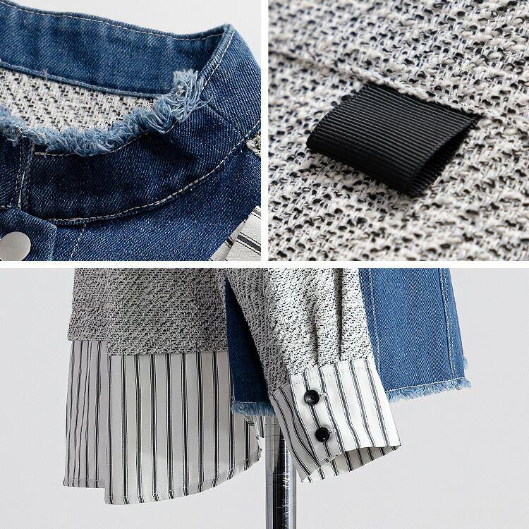 【送料無料】 異素材MIXデニムジャケット 2色 M L 洗える 長袖 レディース アウター ジャケット 異素材 デニムジャケット ツイード スタンドカラー |  | 12