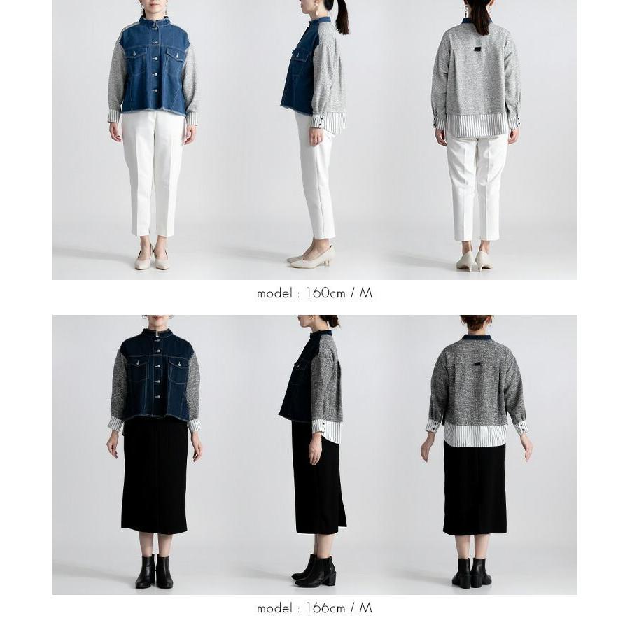 【送料無料】 異素材MIXデニムジャケット 2色 M L 洗える 長袖 レディース アウター ジャケット 異素材 デニムジャケット ツイード スタンドカラー |  | 14