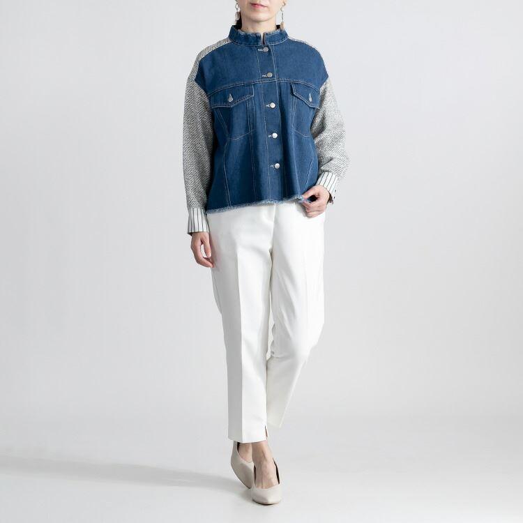 【送料無料】 異素材MIXデニムジャケット 2色 M L 洗える 長袖 レディース アウター ジャケット 異素材 デニムジャケット ツイード スタンドカラー |  | 04