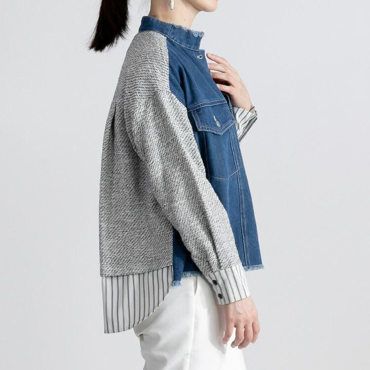 【送料無料】 異素材MIXデニムジャケット 2色 M L 洗える 長袖 レディース アウター ジャケット 異素材 デニムジャケット ツイード スタンドカラー |  | 05