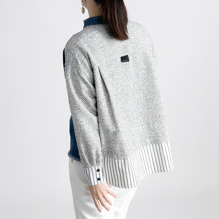 【送料無料】 異素材MIXデニムジャケット 2色 M L 洗える 長袖 レディース アウター ジャケット 異素材 デニムジャケット ツイード スタンドカラー |  | 06