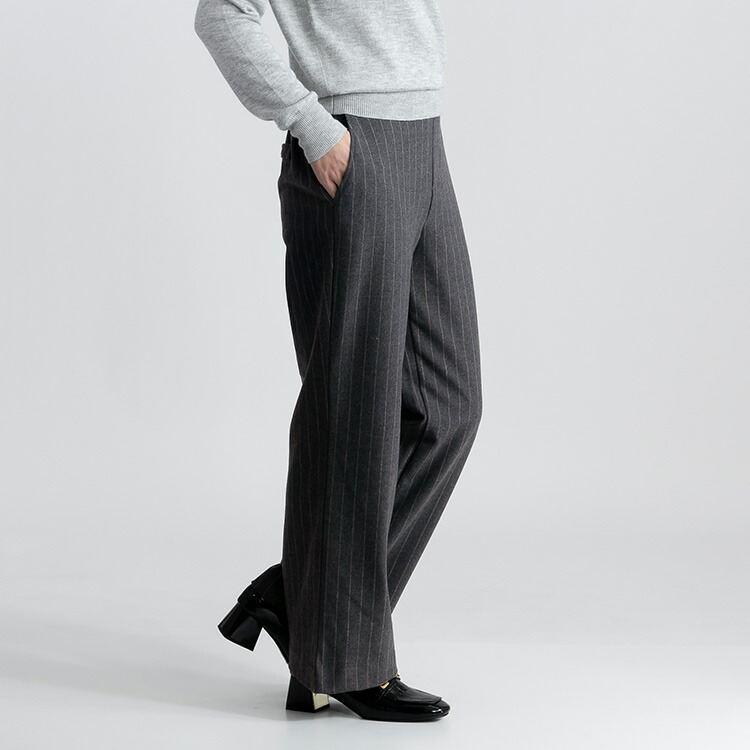 【送料無料/日本製】 尾州織ワイドパンツ 5色 S-3L 洗える レディース ボトムス ワイドパンツ 10分丈 チェック ストライプ 尾州織 股上深め 微起毛 |  | 10