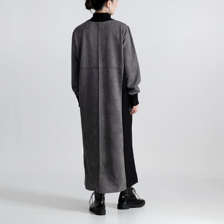 【送料無料】 スエード調異素材使いワンピース 4色 M L 洗える 長袖 レディース ワンピース ロング丈 ハイネック Iライン 体型カバー 体型隠し 異素材 |  | 10