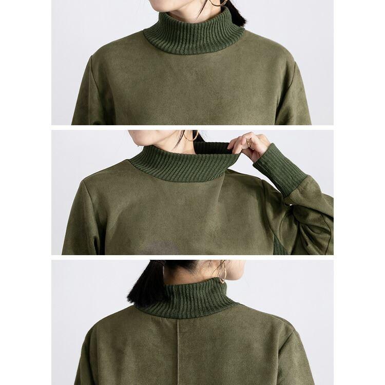 【送料無料】 スエード調異素材使いワンピース 4色 M L 洗える 長袖 レディース ワンピース ロング丈 ハイネック Iライン 体型カバー 体型隠し 異素材 |  | 13