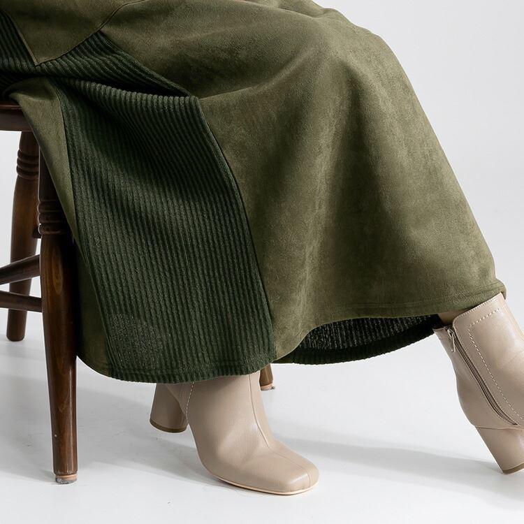 【送料無料】 スエード調異素材使いワンピース 4色 M L 洗える 長袖 レディース ワンピース ロング丈 ハイネック Iライン 体型カバー 体型隠し 異素材 |  | 04