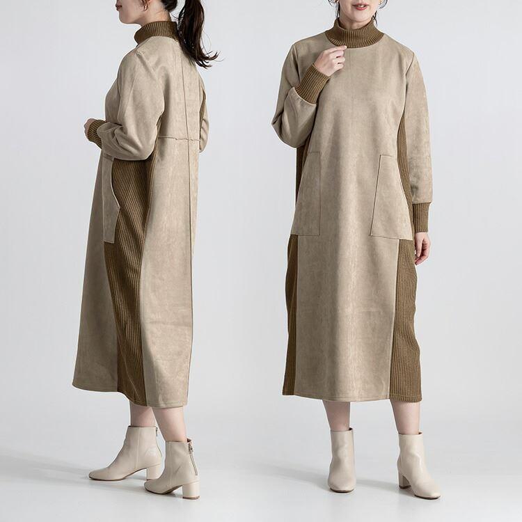 【送料無料】 スエード調異素材使いワンピース 4色 M L 洗える 長袖 レディース ワンピース ロング丈 ハイネック Iライン 体型カバー 体型隠し 異素材 |  | 06