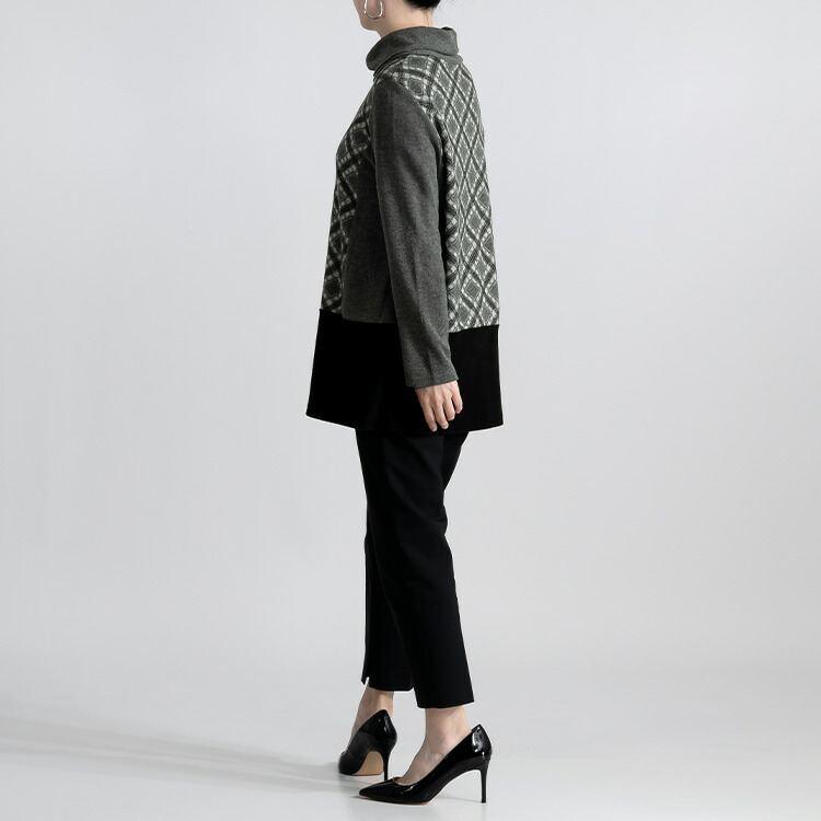 【送料無料】 オフタートルネックチュニック 4色 M L 洗える 長袖 レディース トップス チュニック Aライン オフタートル チェック柄 日本製生地 体型カバー |  | 11