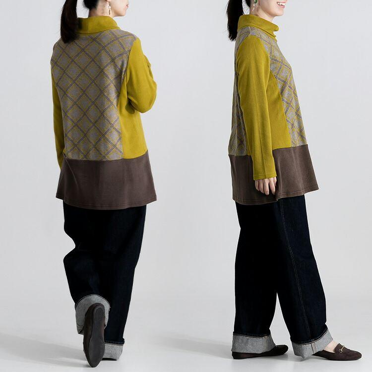 【送料無料】 オフタートルネックチュニック 4色 M L 洗える 長袖 レディース トップス チュニック Aライン オフタートル チェック柄 日本製生地 体型カバー |  | 07