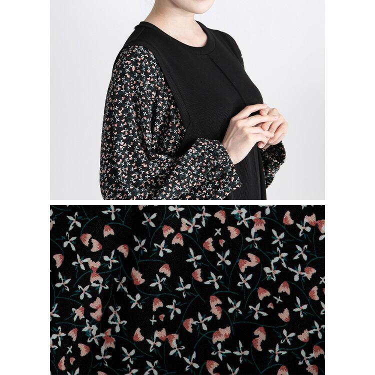 【大幅値下】 花柄使いワンピース 3色 M-L 洗える 長袖 レディース ワンピース ロングチュニック 体型隠し レイヤード風 Aライン 花柄 異素材 春秋冬 3239 |  | 12