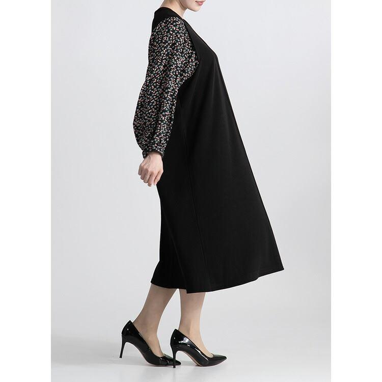 【大幅値下】 花柄使いワンピース 3色 M-L 洗える 長袖 レディース ワンピース ロングチュニック 体型隠し レイヤード風 Aライン 花柄 異素材 春秋冬 3239 |  | 13