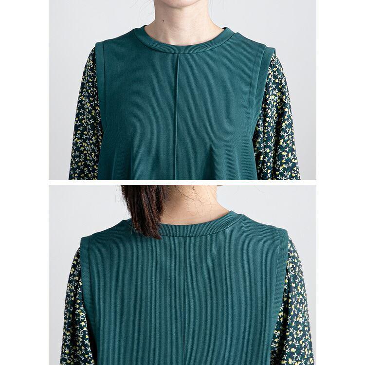 【大幅値下】 花柄使いワンピース 3色 M-L 洗える 長袖 レディース ワンピース ロングチュニック 体型隠し レイヤード風 Aライン 花柄 異素材 春秋冬 3239 |  | 14