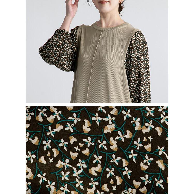 【大幅値下】 花柄使いワンピース 3色 M-L 洗える 長袖 レディース ワンピース ロングチュニック 体型隠し レイヤード風 Aライン 花柄 異素材 春秋冬 3239 |  | 06