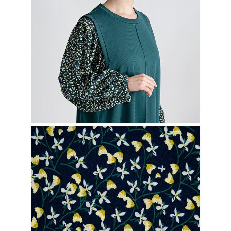 【大幅値下】 花柄使いワンピース 3色 M-L 洗える 長袖 レディース ワンピース ロングチュニック 体型隠し レイヤード風 Aライン 花柄 異素材 春秋冬 3239 |  | 09