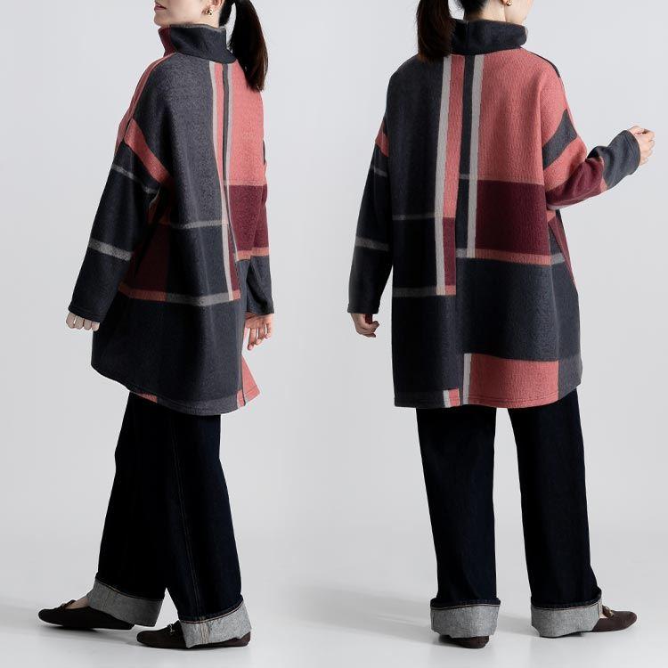 【送料無料】 チェック柄起毛チュニック 4色 M-L 洗える 長袖 レディース トップス チュニック カットソー オフタートルネック 格子柄 ビッグチェック 秋冬 |  | 09