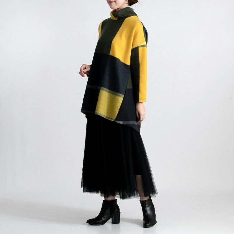 【送料無料】 チェック柄起毛チュニック 4色 M-L 洗える 長袖 レディース トップス チュニック カットソー オフタートルネック 格子柄 ビッグチェック 秋冬 |  | 07