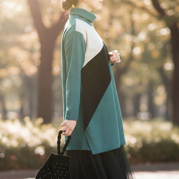 【新作】【送料無料】 ボア使い切替タートルネックチュニック M L 洗える 長袖 楽ちん レディース トップス チュニック カットソー ハイネック スリット入り |  | 10