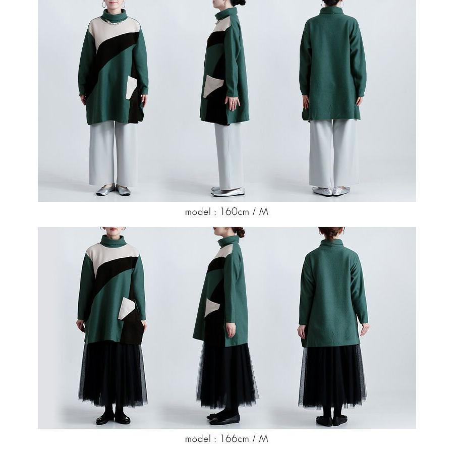 【新作】【送料無料】 ボア使い切替タートルネックチュニック M L 洗える 長袖 楽ちん レディース トップス チュニック カットソー ハイネック スリット入り |  | 13