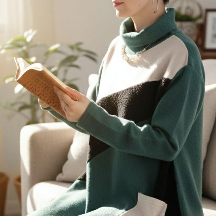 【新作】【送料無料】 ボア使い切替タートルネックチュニック M L 洗える 長袖 楽ちん レディース トップス チュニック カットソー ハイネック スリット入り |  | 08