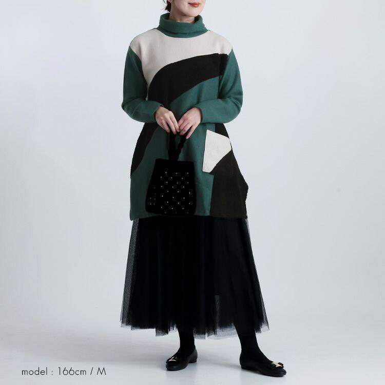 【新作】【送料無料】 ボア使い切替タートルネックチュニック M L 洗える 長袖 楽ちん レディース トップス チュニック カットソー ハイネック スリット入り |  | 09