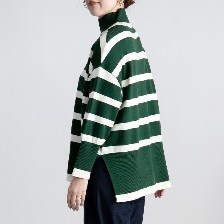 【送料無料】 ハイネックボーダーワイドニット 4色 M-L 洗える 長袖 レディース トップス ニット ボーダー デザインニット ワイドニット プルオーバー 前後差 |  | 11