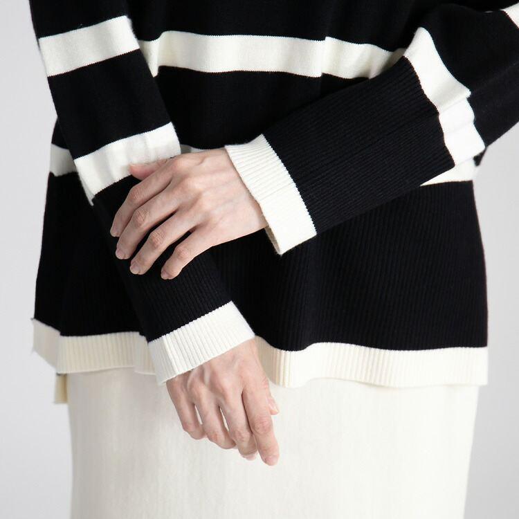 【送料無料】 ハイネックボーダーワイドニット 4色 M-L 洗える 長袖 レディース トップス ニット ボーダー デザインニット ワイドニット プルオーバー 前後差 |  | 13
