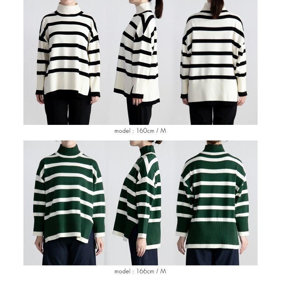 【送料無料】 ハイネックボーダーワイドニット 4色 M-L 洗える 長袖 レディース トップス ニット ボーダー デザインニット ワイドニット プルオーバー 前後差 |  | 14