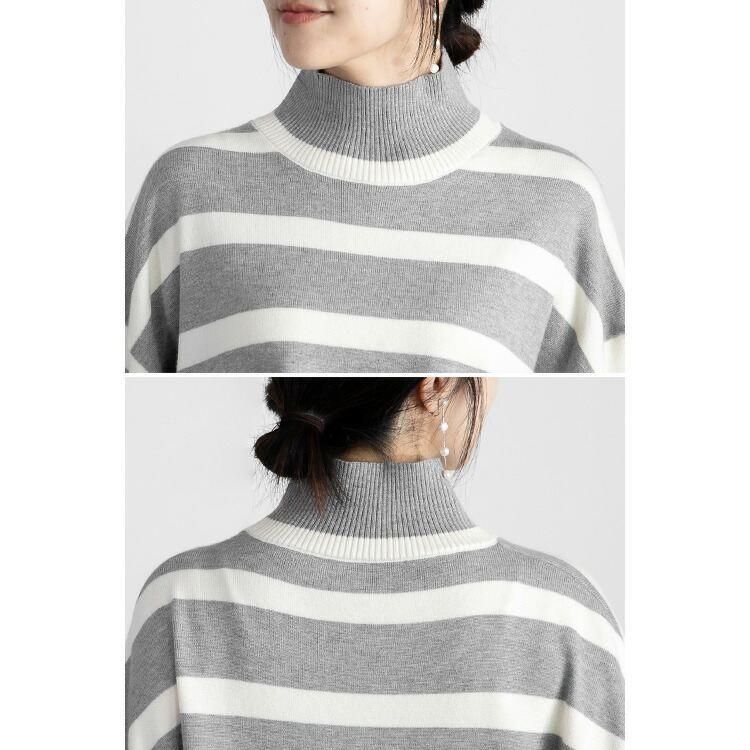 【送料無料】 ハイネックボーダーワイドニット 4色 M-L 洗える 長袖 レディース トップス ニット ボーダー デザインニット ワイドニット プルオーバー 前後差 |  | 15