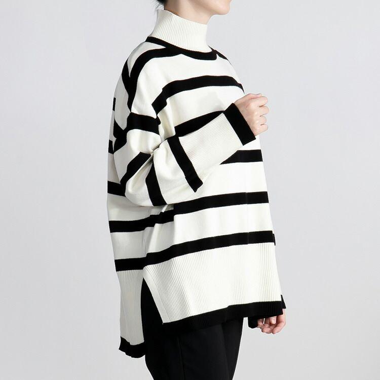 【送料無料】 ハイネックボーダーワイドニット 4色 M-L 洗える 長袖 レディース トップス ニット ボーダー デザインニット ワイドニット プルオーバー 前後差 |  | 07