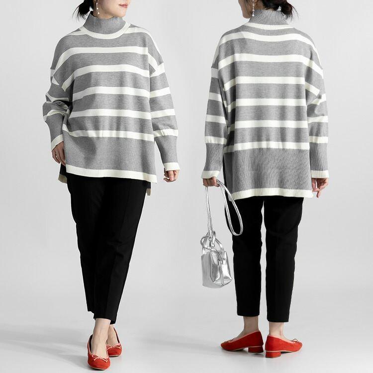 【送料無料】 ハイネックボーダーワイドニット 4色 M-L 洗える 長袖 レディース トップス ニット ボーダー デザインニット ワイドニット プルオーバー 前後差 |  | 09