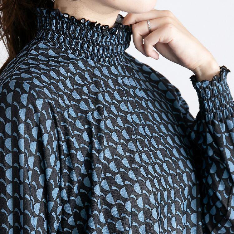 【送料無料/再入荷】 幾何柄シャーリングチュニック 3色 M L 洗える 長袖 レディース トップス チュニック 幾何学柄 Aライン 体型カバー |  | 10