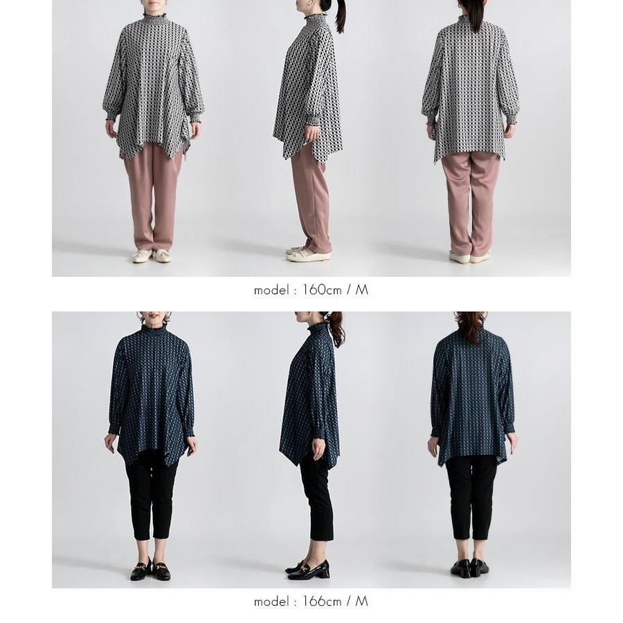 【送料無料/再入荷】 幾何柄シャーリングチュニック 3色 M L 洗える 長袖 レディース トップス チュニック 幾何学柄 Aライン 体型カバー |  | 16