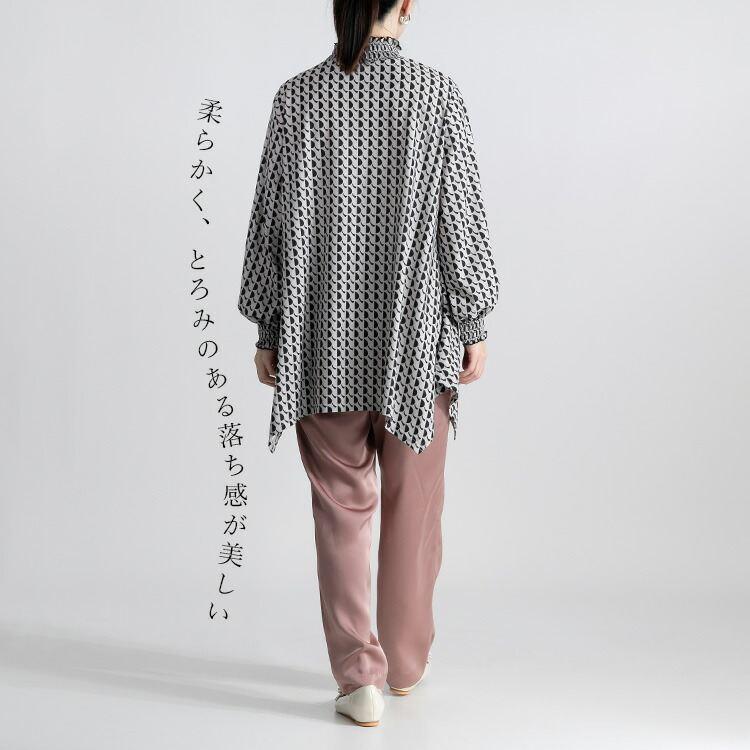 【送料無料/再入荷】 幾何柄シャーリングチュニック 3色 M L 洗える 長袖 レディース トップス チュニック 幾何学柄 Aライン 体型カバー |  | 07