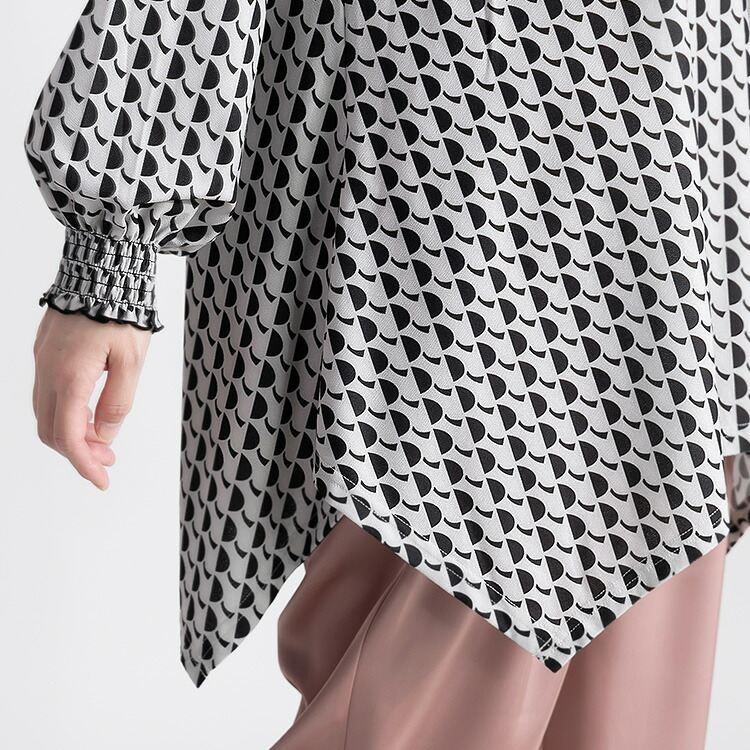 【送料無料/再入荷】 幾何柄シャーリングチュニック 3色 M L 洗える 長袖 レディース トップス チュニック 幾何学柄 Aライン 体型カバー |  | 08