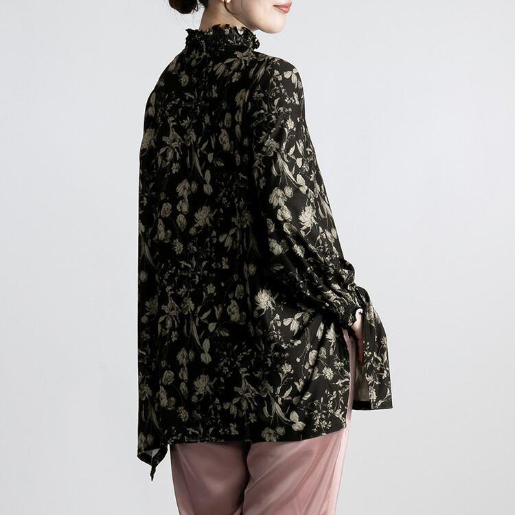 【送料無料/再入荷】 裾フレア花柄シャーリングチュニック 3色 M L 長袖 洗える レディース トップス チュニック シャーリング 花柄 プリント ゆったり 楽ちん |  | 13