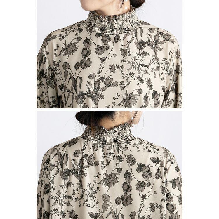 【送料無料/再入荷】 裾フレア花柄シャーリングチュニック 3色 M L 長袖 洗える レディース トップス チュニック シャーリング 花柄 プリント ゆったり 楽ちん |  | 14