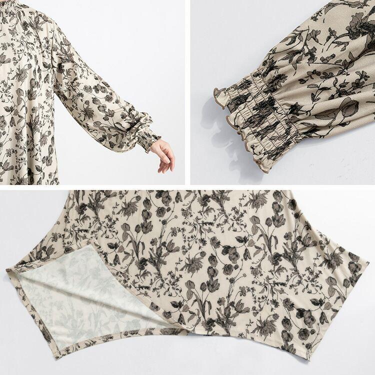 【送料無料/再入荷】 裾フレア花柄シャーリングチュニック 3色 M L 長袖 洗える レディース トップス チュニック シャーリング 花柄 プリント ゆったり 楽ちん |  | 15